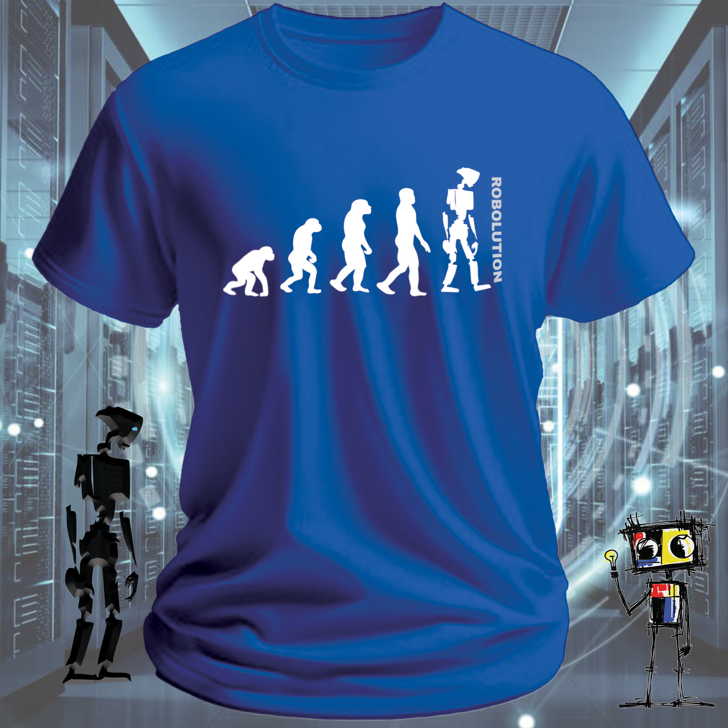Robolution robot graphic t-shirt from the inkit.design Robolution series — close up