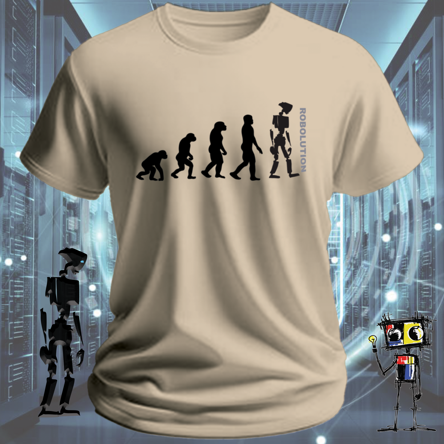 Robolution robot graphic t-shirt from the inkit.design Robolution series — detail view