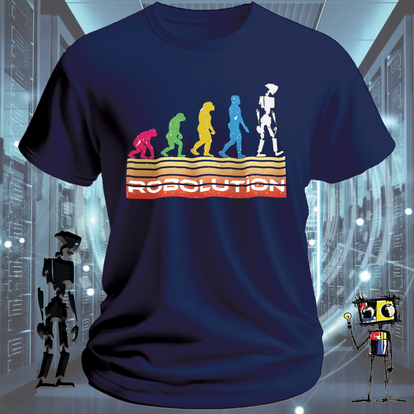 Robolution Retro White Grunge Sunset graphic t-shirt  Robolution series — close up | inkit.design