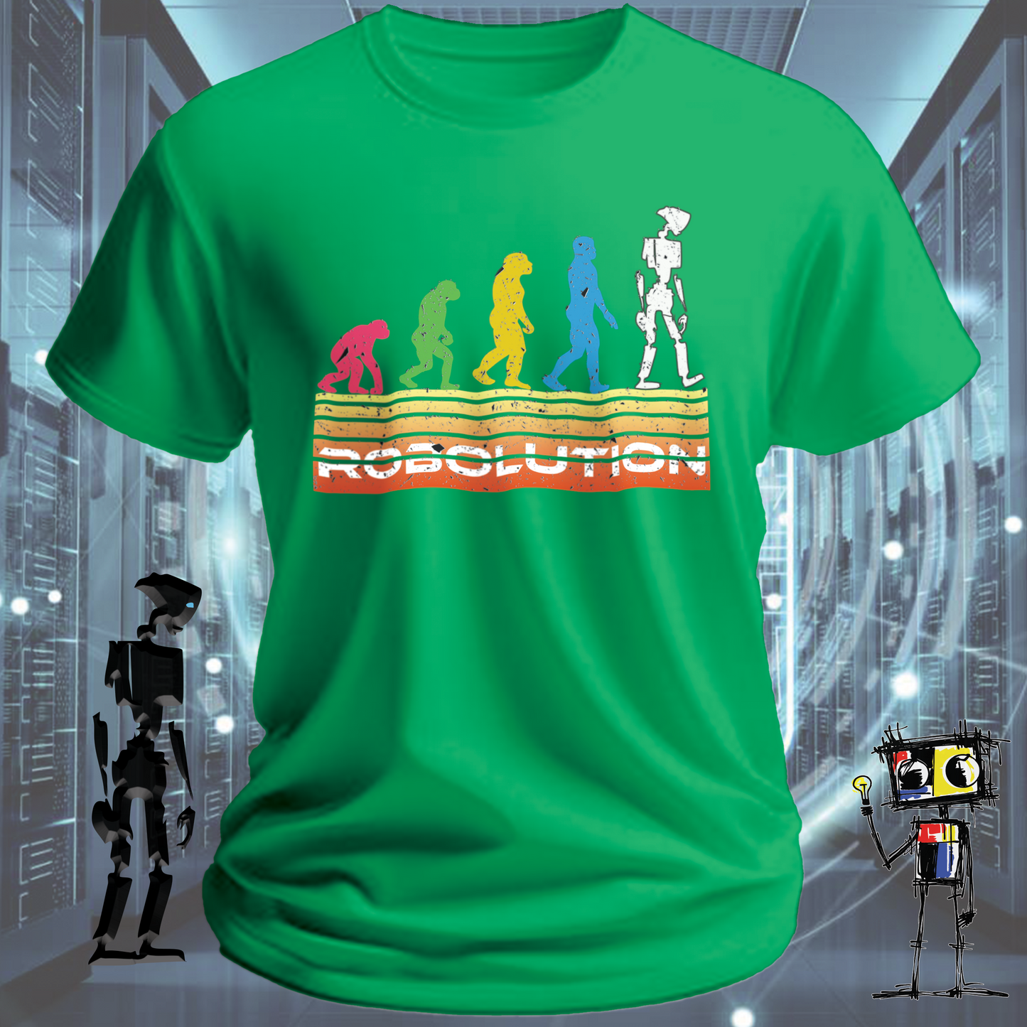 Robolution Retro White Grunge Sunset graphic t-shirt  Robolution series — worn view | inkit.design