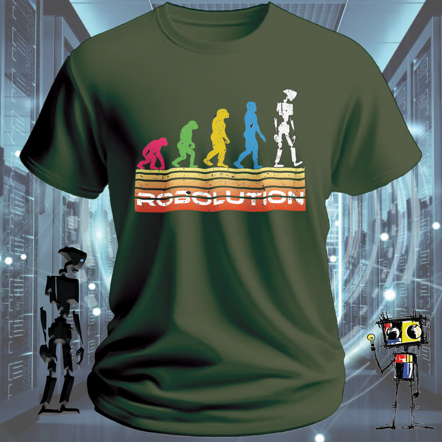 Robolution Retro White Grunge Sunset graphic t-shirt  Robolution series — lifestyle shot | inkit.design