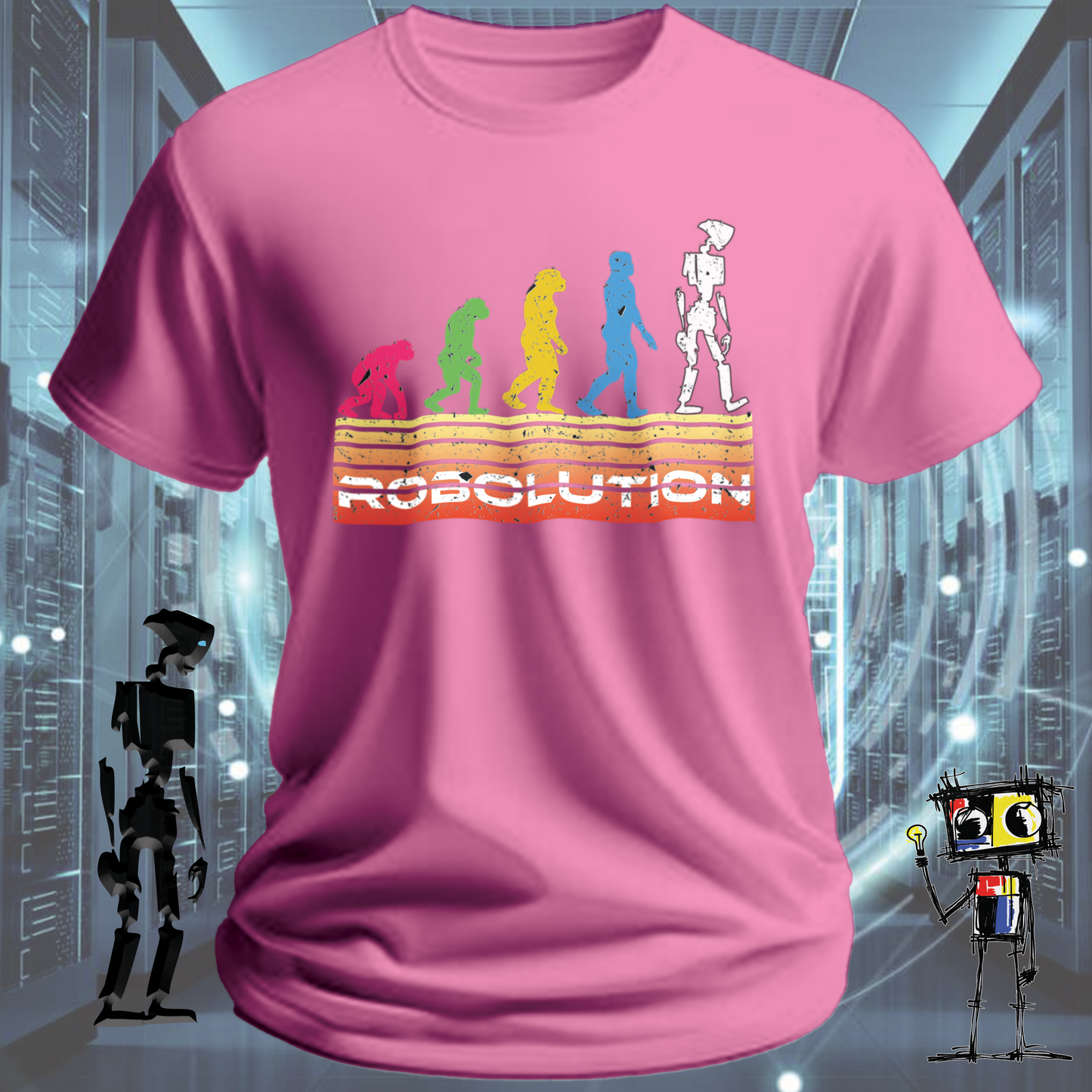 Robolution Retro White Grunge Sunset graphic t-shirt  Robolution series — product detail | inkit.design