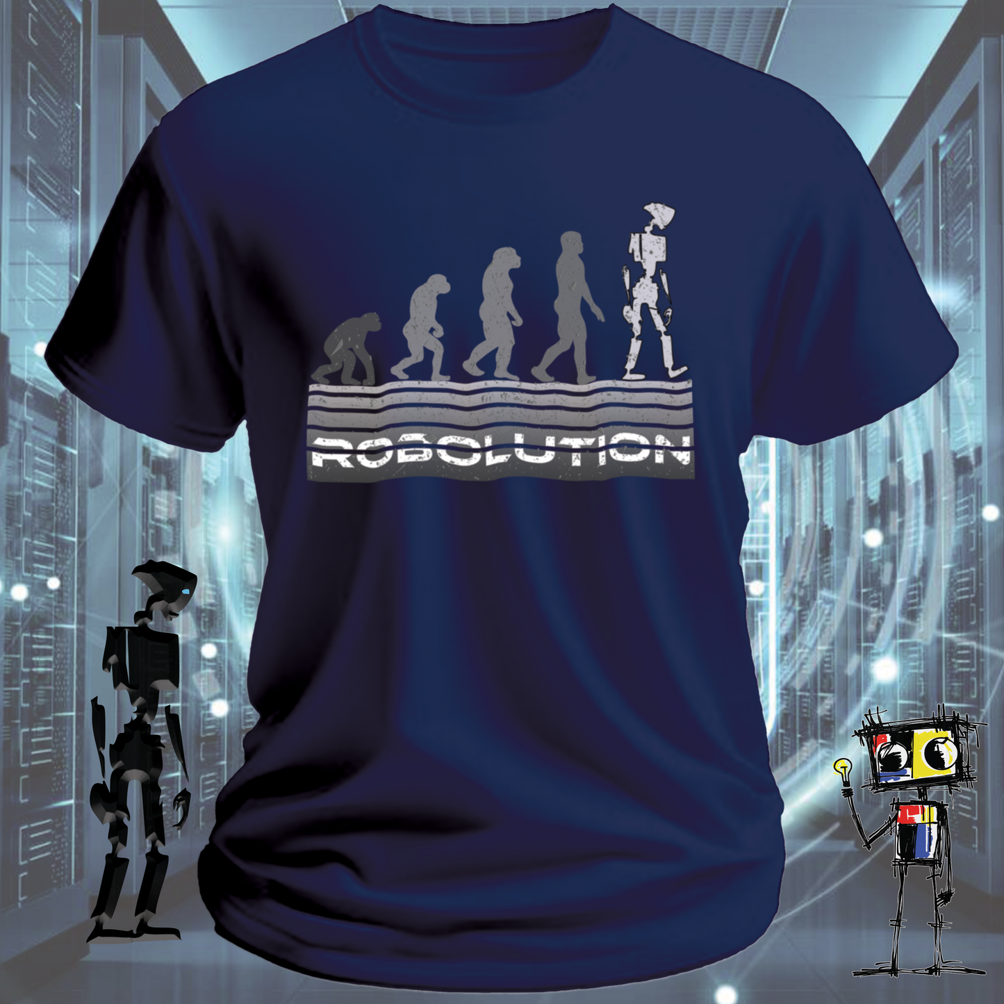 Robolution Grey Sunset graphic t-shirt from the inkit.design Robolution series — close up