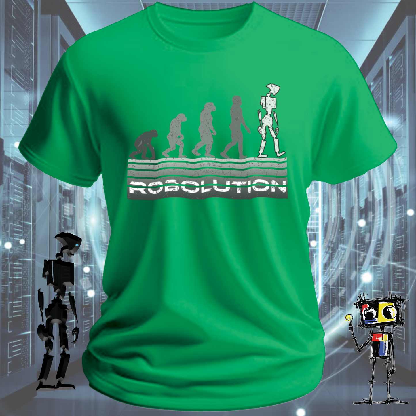Robolution Grey Sunset graphic t-shirt from the inkit.design Robolution series — worn view