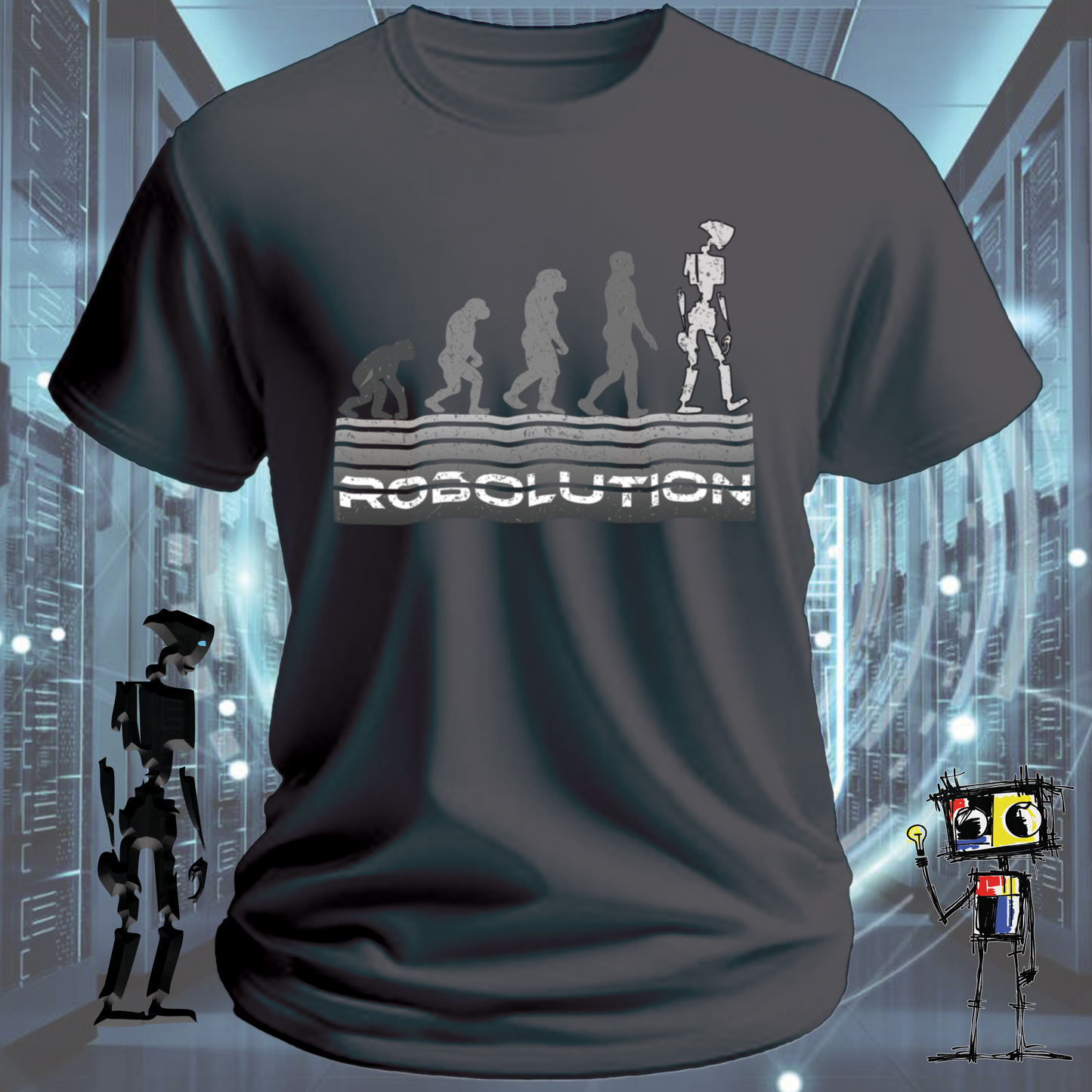 Robolution Grey Sunset graphic t-shirt from the inkit.design Robolution series — studio shot