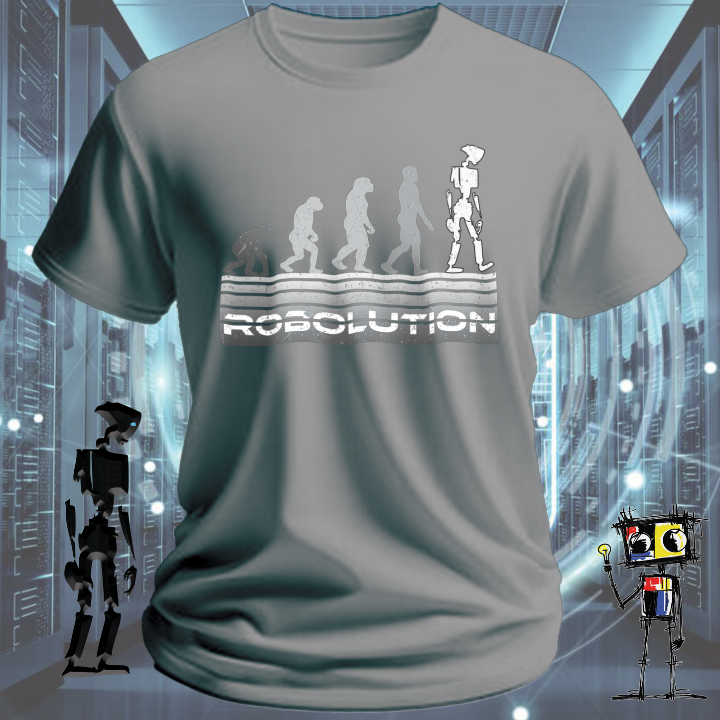 Robolution Grey Sunset graphic t-shirt from the inkit.design Robolution series — flat lay