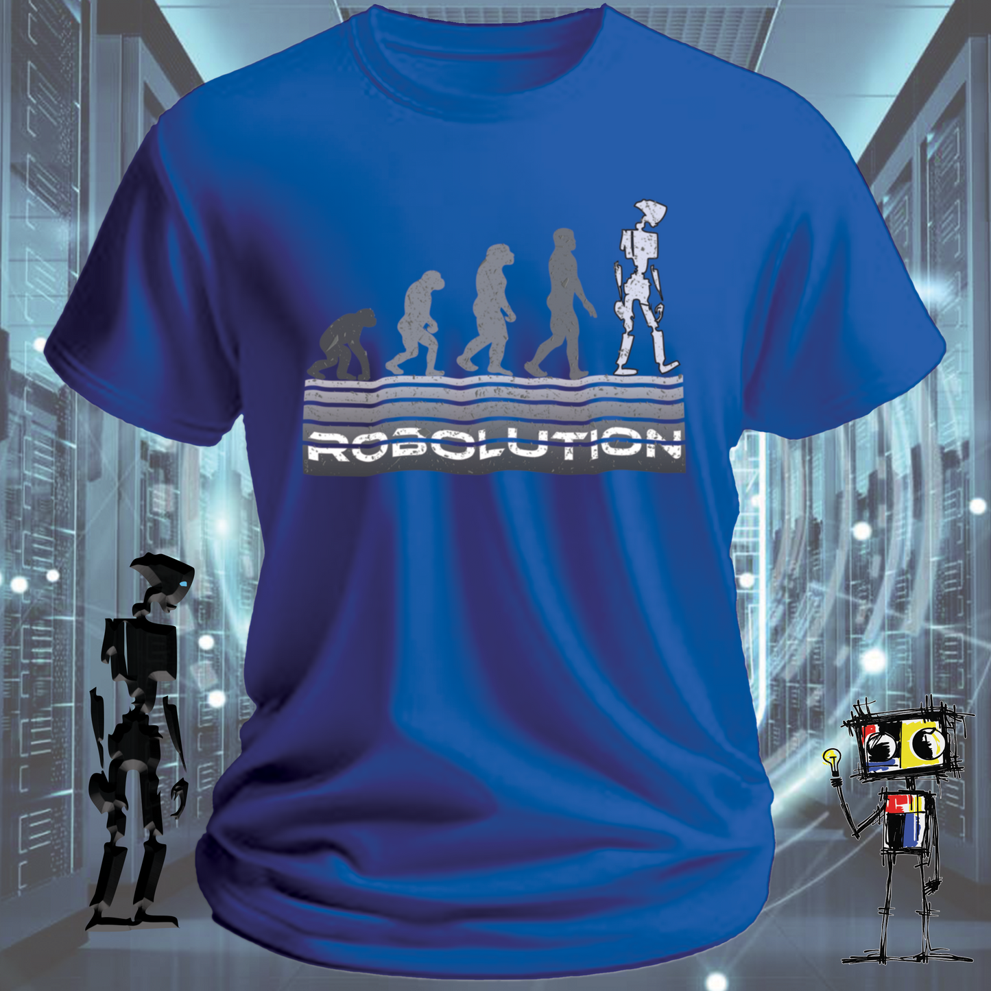 Robolution Grey Sunset graphic t-shirt from the inkit.design Robolution series — lifestyle shot