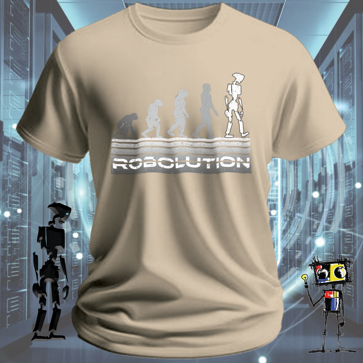 Robolution Grey Sunset graphic t-shirt from the inkit.design Robolution series — on model