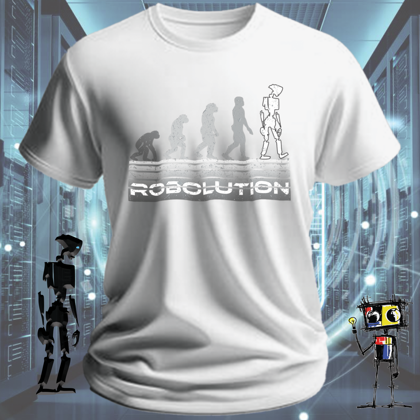 Robolution Grey Sunset graphic t-shirt from the inkit.design Robolution series — detail view
