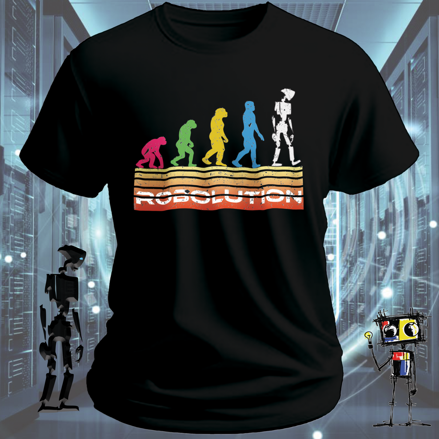 Robolution Retro Sunset graphic t-shirt from the inkit.design Robolution series — flat lay