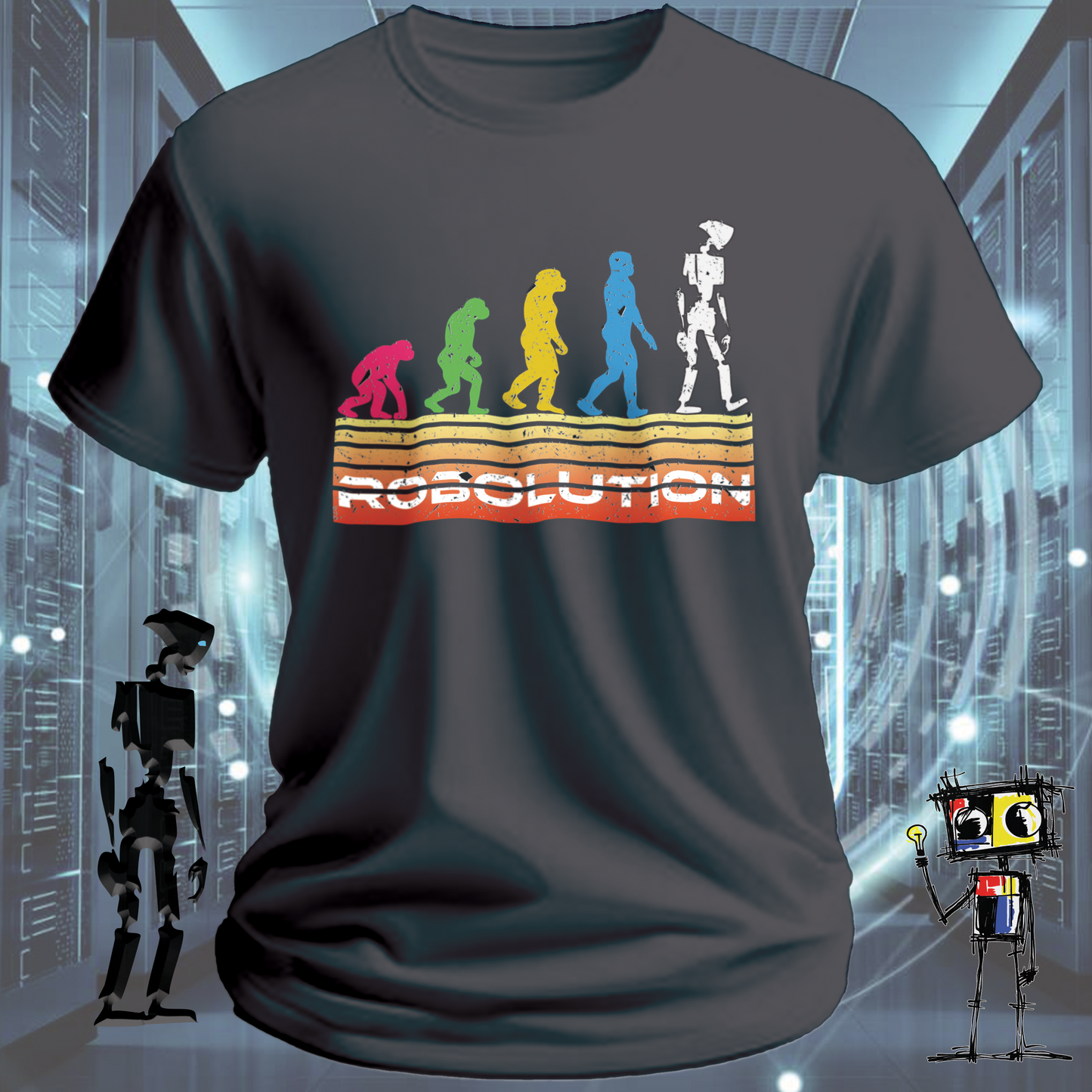 Robolution Retro Sunset graphic t-shirt from the inkit.design Robolution series — worn view