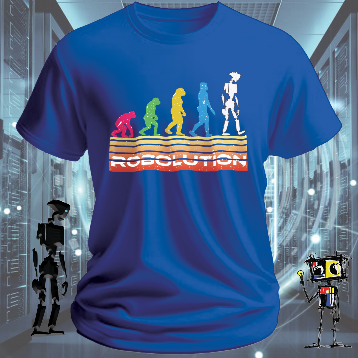Robolution Retro Sunset graphic t-shirt from the inkit.design Robolution series — on model