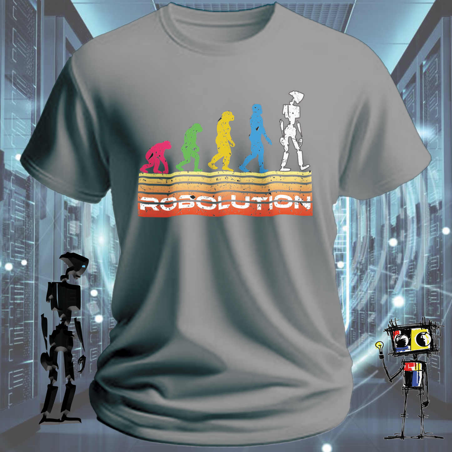 Robolution Retro Sunset graphic t-shirt from the inkit.design Robolution series — close up