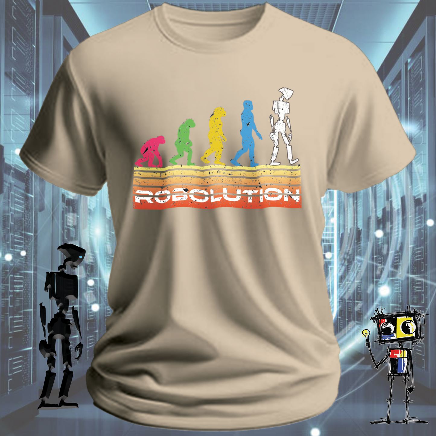 Robolution Retro Sunset graphic t-shirt from the inkit.design Robolution series — back view