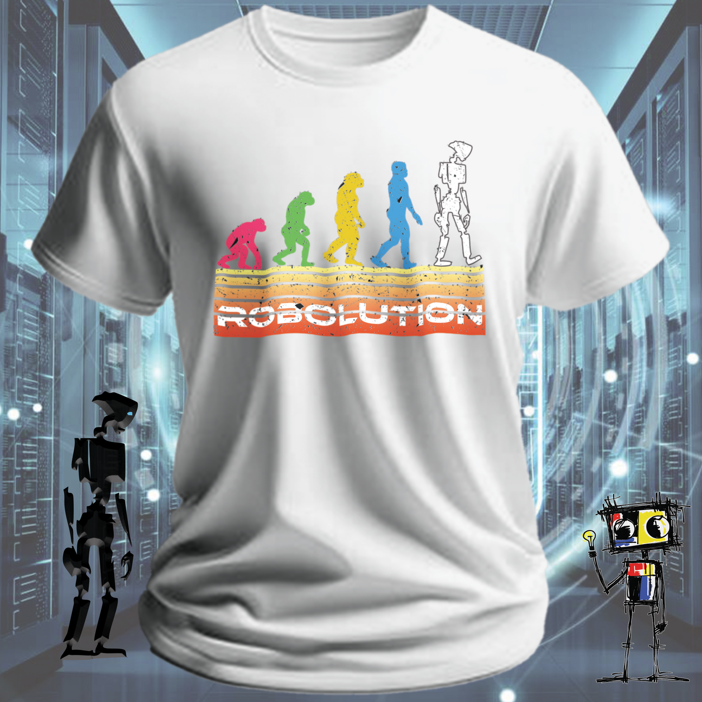 Robolution Retro Sunset graphic t-shirt from the inkit.design Robolution series — detail view
