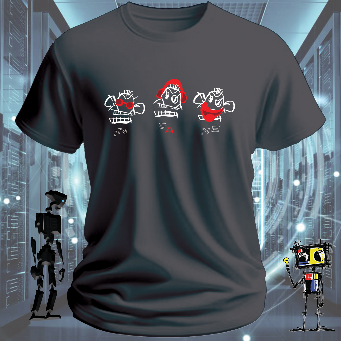 Insane Munkees graphic t-shirt for the free-thinking and technically curious — worn view | inkit.design