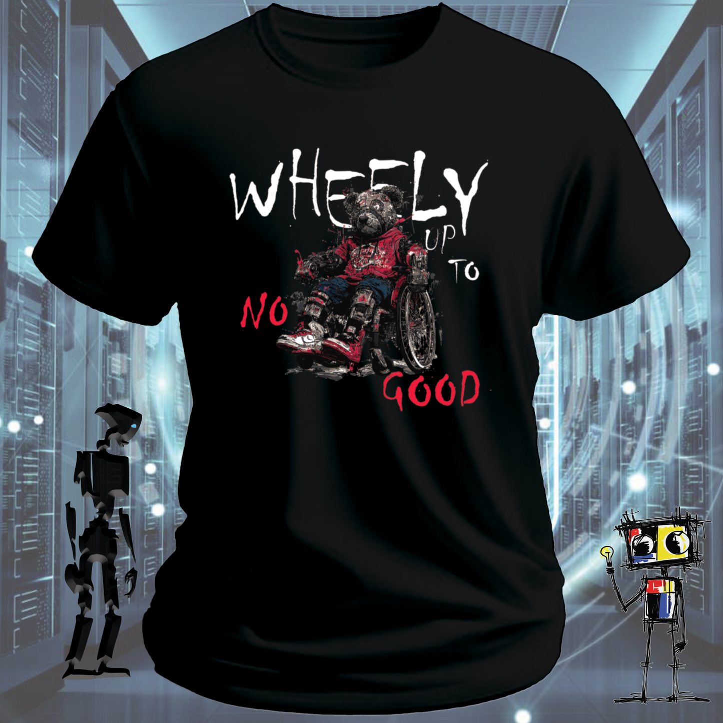 Wheely Up to No Good quirky robot t-shirt from the inkit.design Roboto range — lifestyle shot