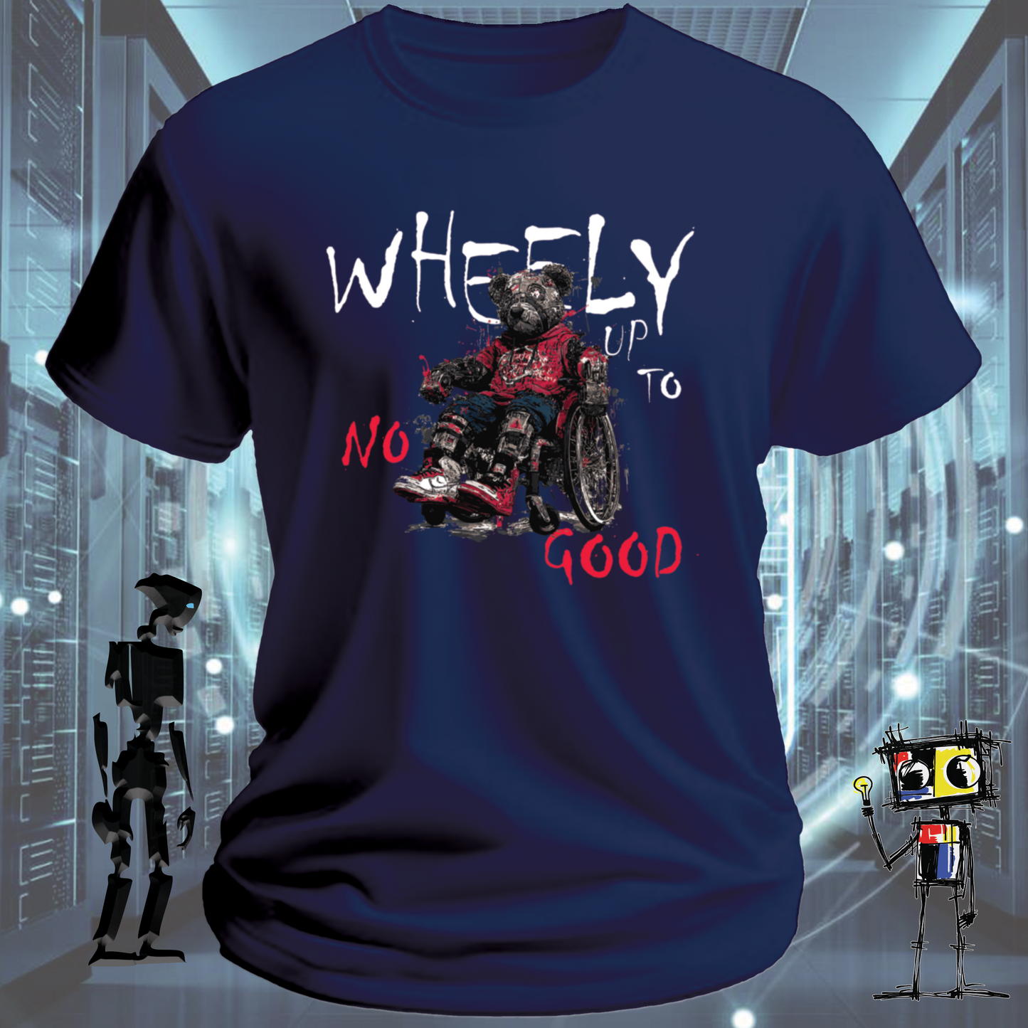 Wheely Up to No Good quirky robot t-shirt from the inkit.design Roboto range — studio shot