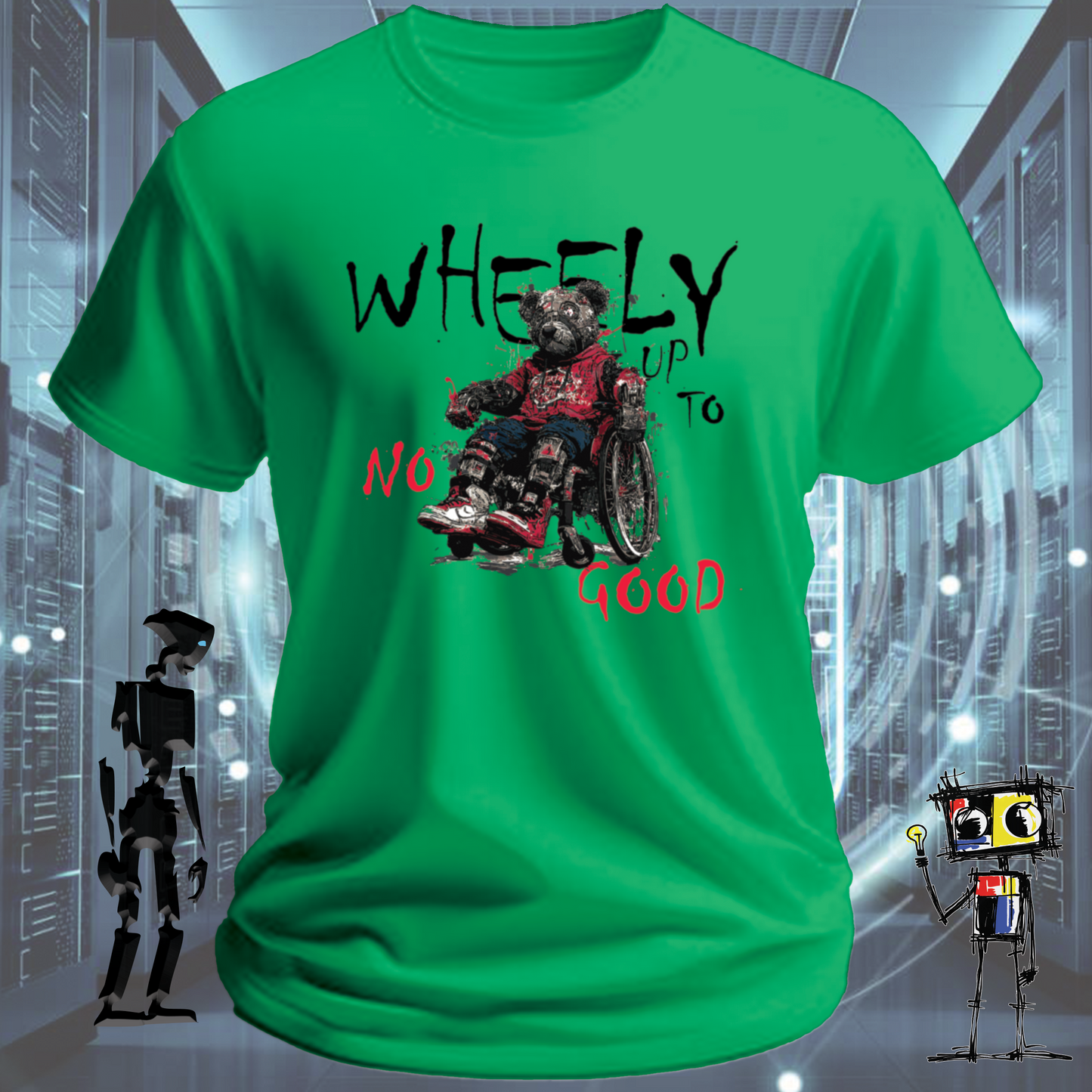 Wheely Up to No Good quirky robot t-shirt from the inkit.design Roboto range — flat lay
