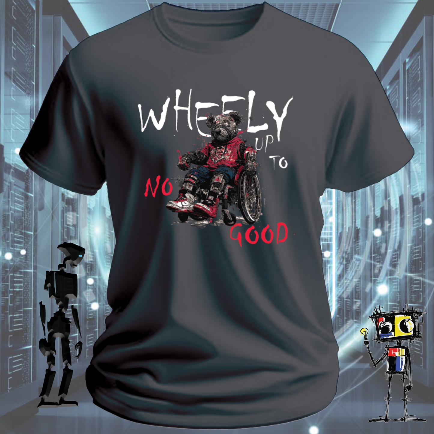 Wheely Up to No Good quirky robot t-shirt from the inkit.design Roboto range