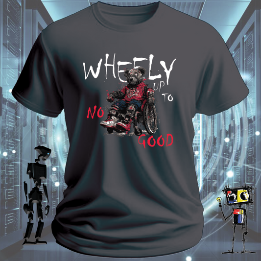 Wheely Up to No Good quirky robot t-shirt from the inkit.design Roboto range