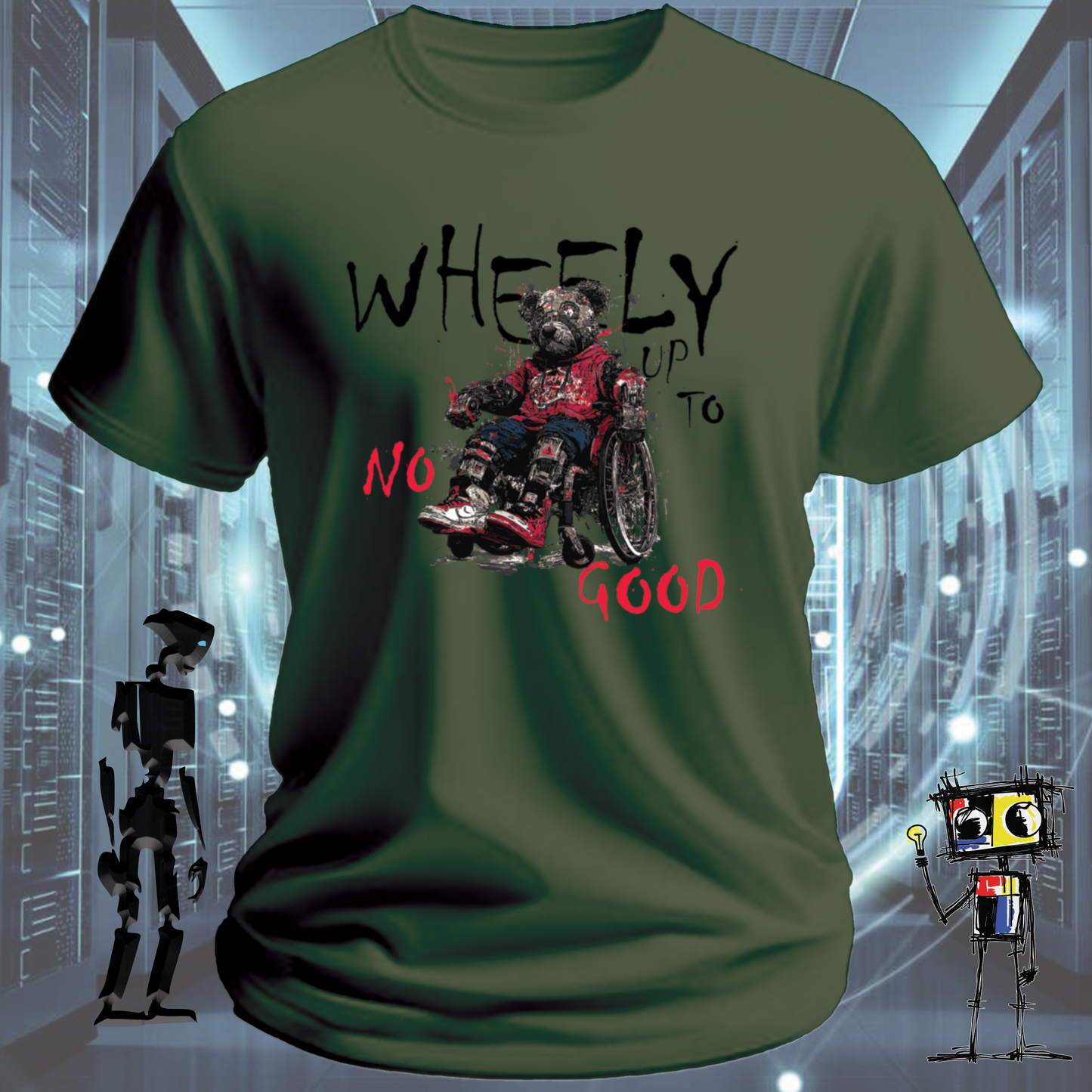 Wheely Up to No Good quirky robot t-shirt from the inkit.design Roboto range — detail view