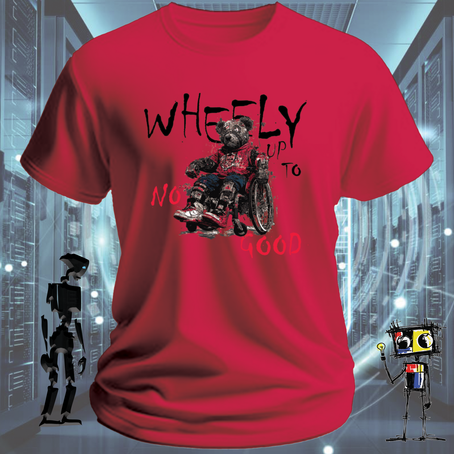 Wheely Up to No Good quirky robot t-shirt from the inkit.design Roboto range — product detail