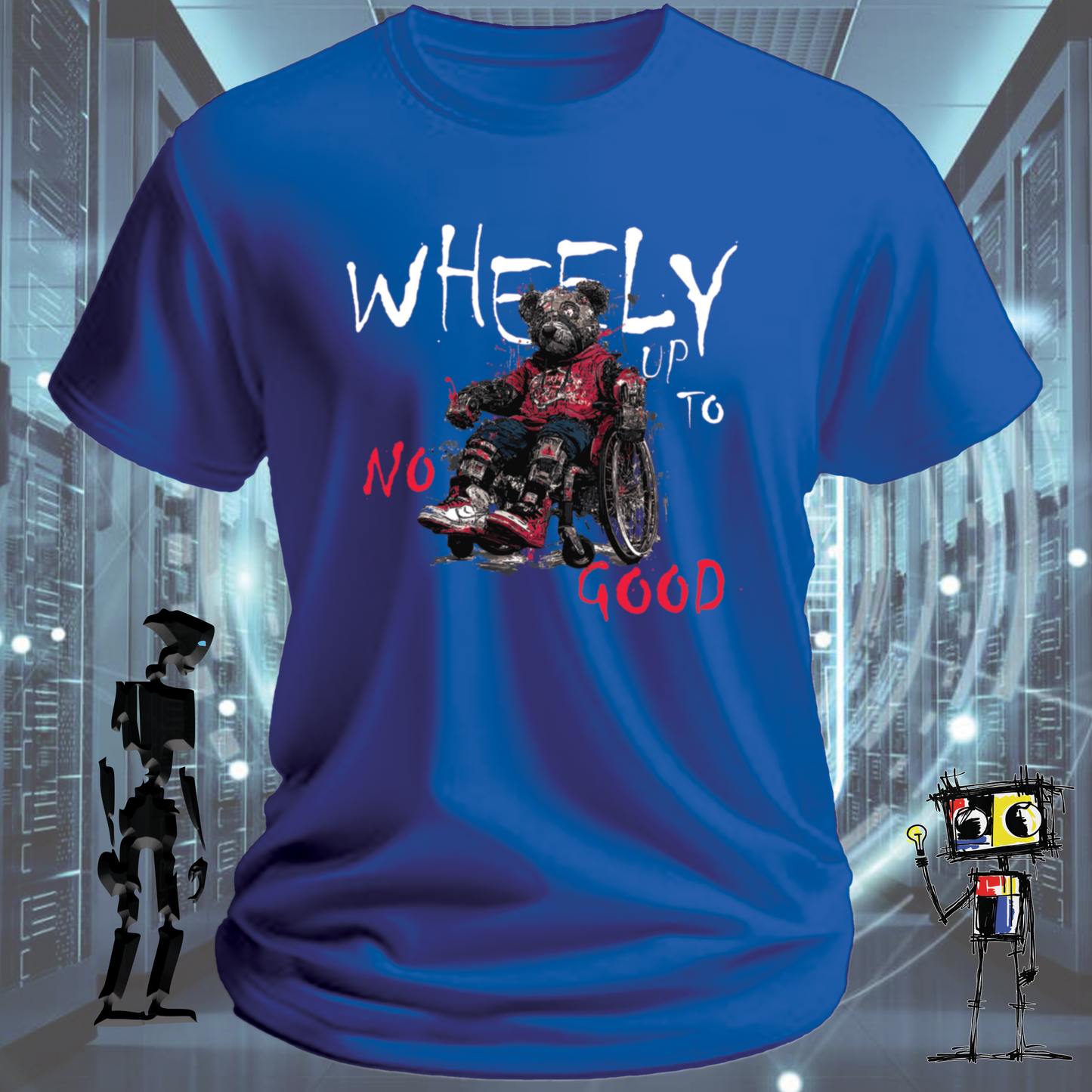 Wheely Up to No Good quirky robot t-shirt from the inkit.design Roboto range — close up