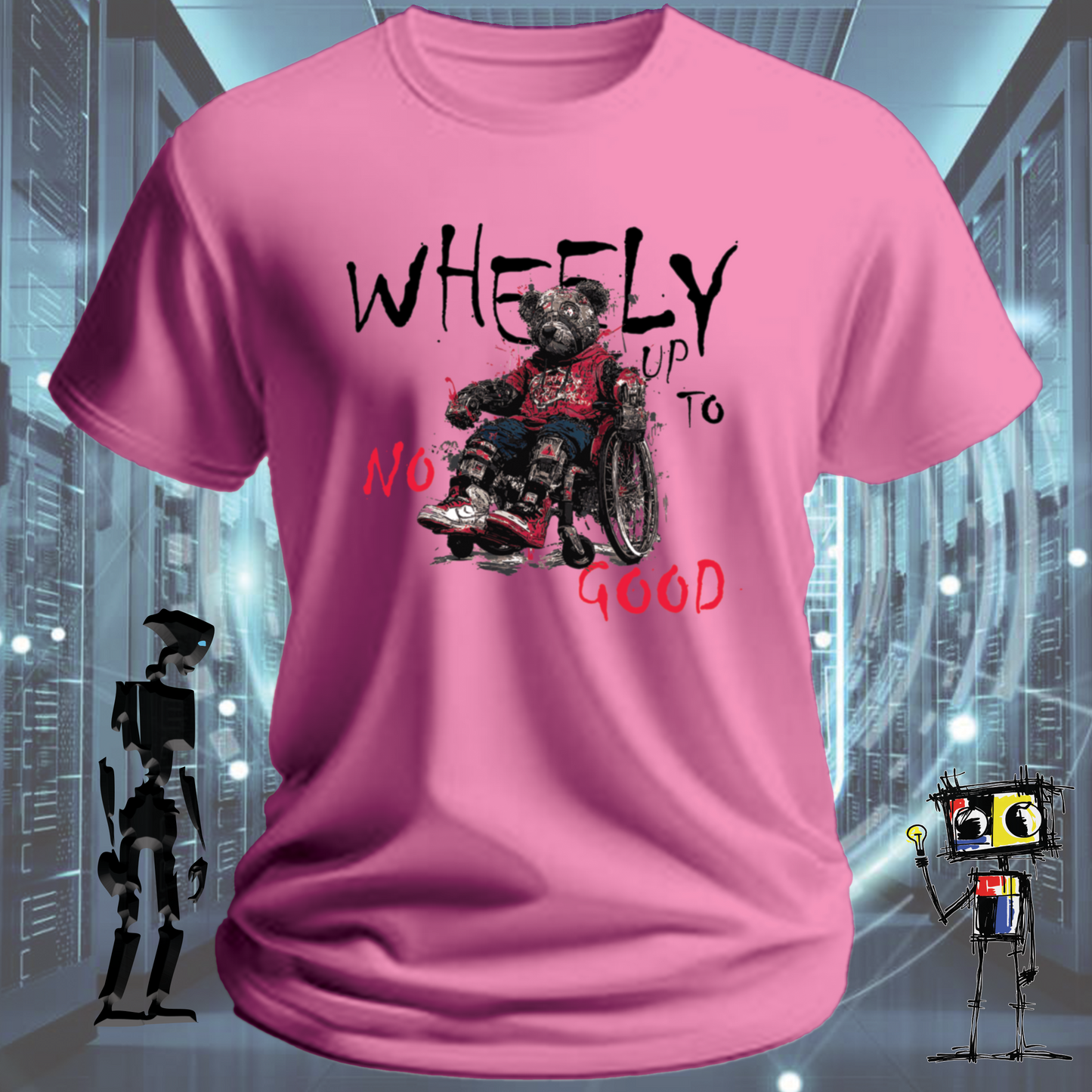 Wheely Up to No Good quirky robot t-shirt from the inkit.design Roboto range — worn view