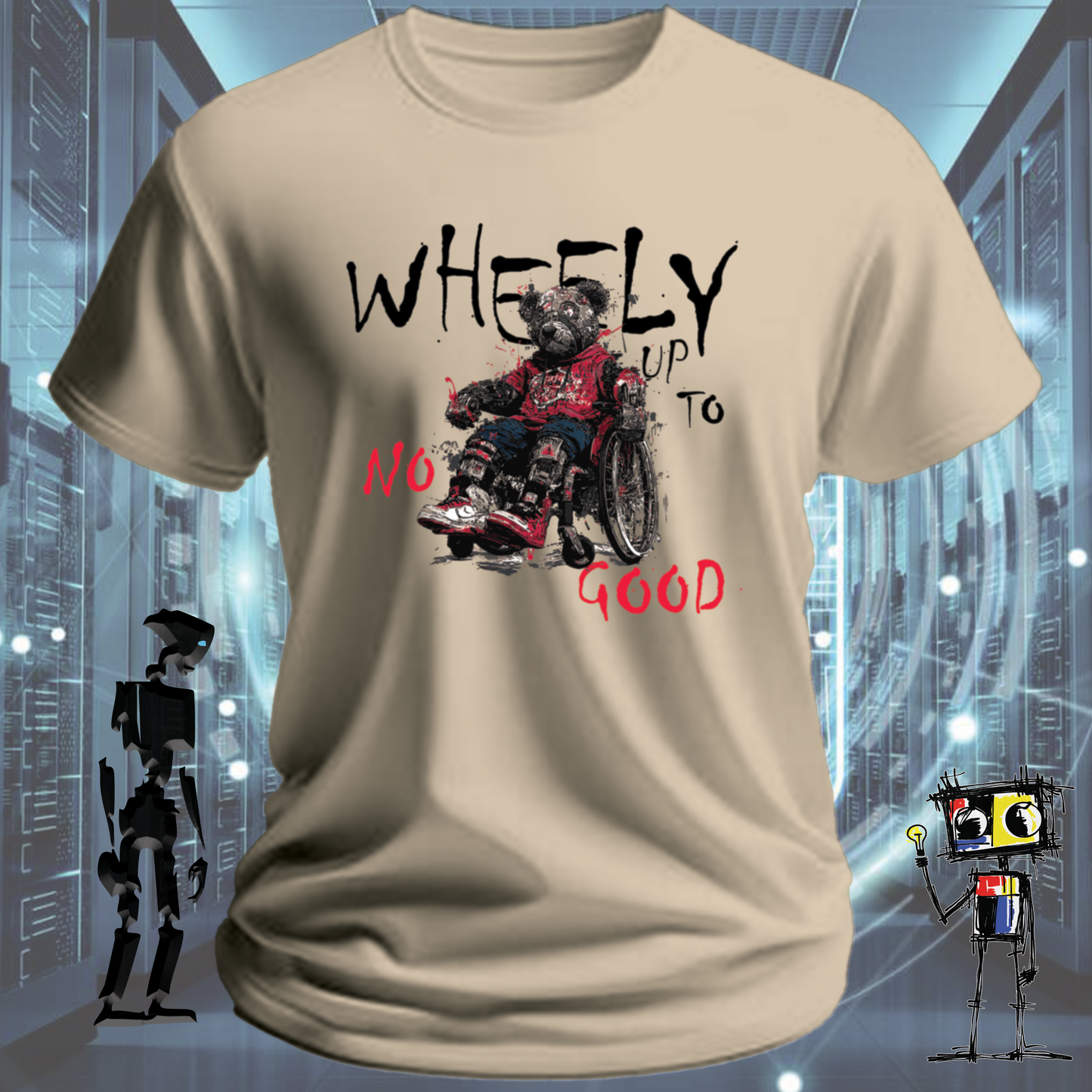 Wheely Up to No Good quirky robot t-shirt from the inkit.design Roboto range — alternate view