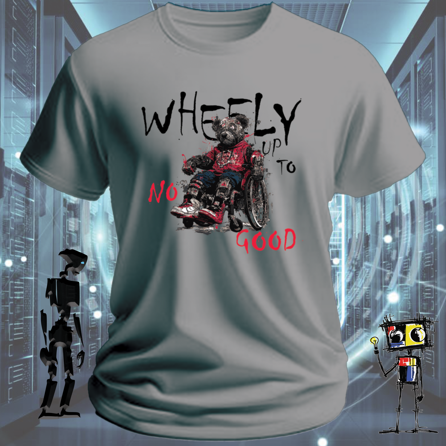 Wheely Up to No Good quirky robot t-shirt from the inkit.design Roboto range — back view