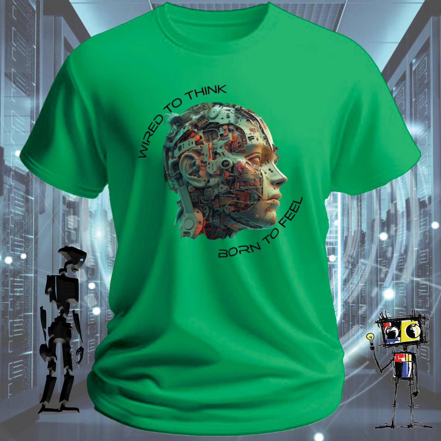 Wired to Think graphic t-shirt for engineers and developers — close up | inkit.design
