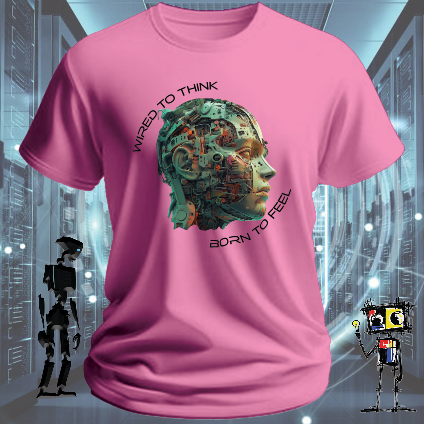 Wired to Think graphic t-shirt for engineers and developers — worn view | inkit.design